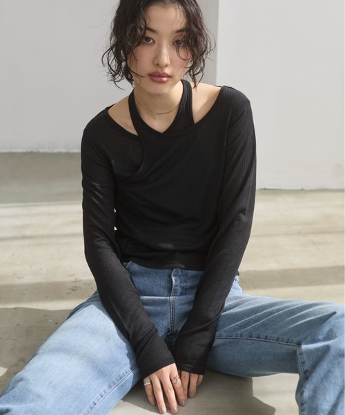 ANGIE tシャツ レイヤード風 リブ シアー トップス レディース