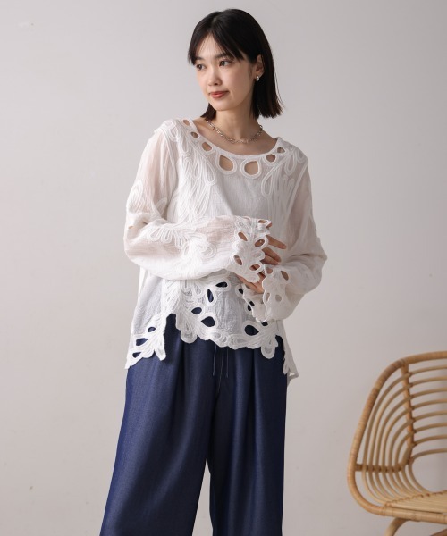 美品♪ルルウィルビー 半袖ブラウス エンブロイダリー 刺繍 2 qa3 Bou Jeloud tシャツ エンブロイダリーブラウス レディース