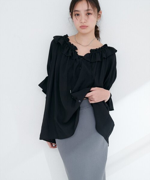 natural couture ブラウス シャツ フリルスモックキャンディスリーブ