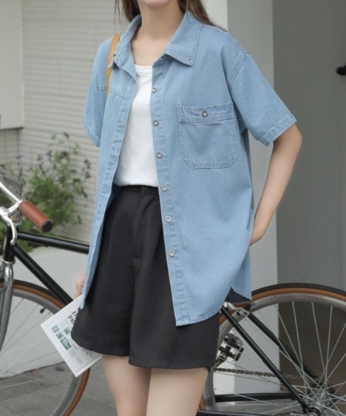 ブラウス シャツ 半袖デニムシャツ レディース