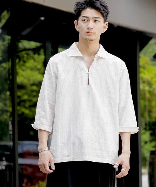 「Beno」 7分袖シャツ M ライトベージュ メンズ_画像6