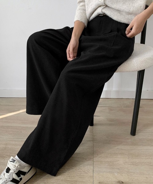 LOWO ワイドパンツ パンツ ベルト付き クロップド タック ワイドパンツ