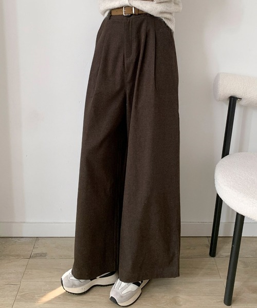 LOWO ワイドパンツ パンツ ベルト付き クロップド タック ワイドパンツ