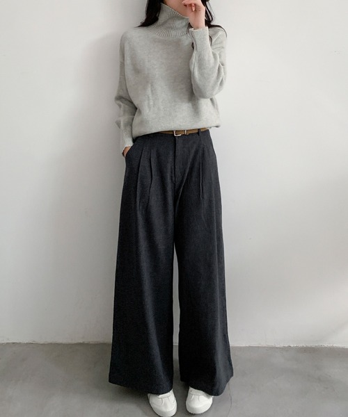 LOWO ワイドパンツ パンツ ベルト付き クロップド タック ワイドパンツ