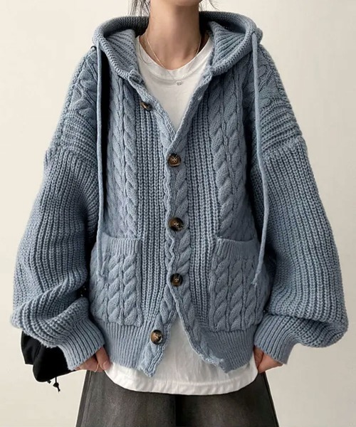 ニット セーター ケーブル編みフード付きニットカーディガン