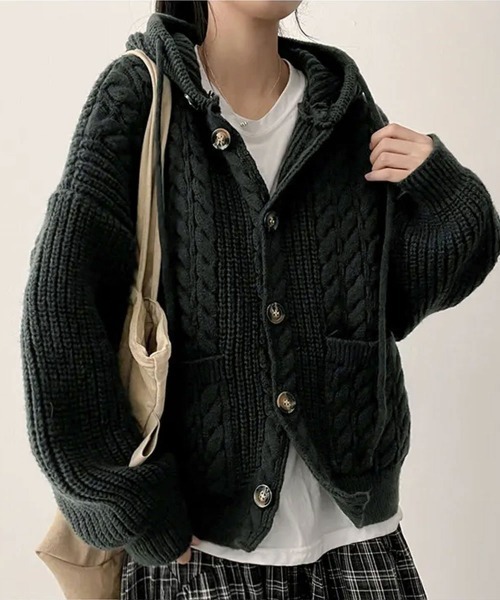 ニット セーター ケーブル編みフード付きニットカーディガン