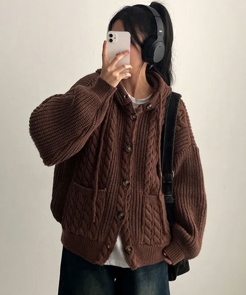 ニット セーター ケーブル編みフード付きニットカーディガン