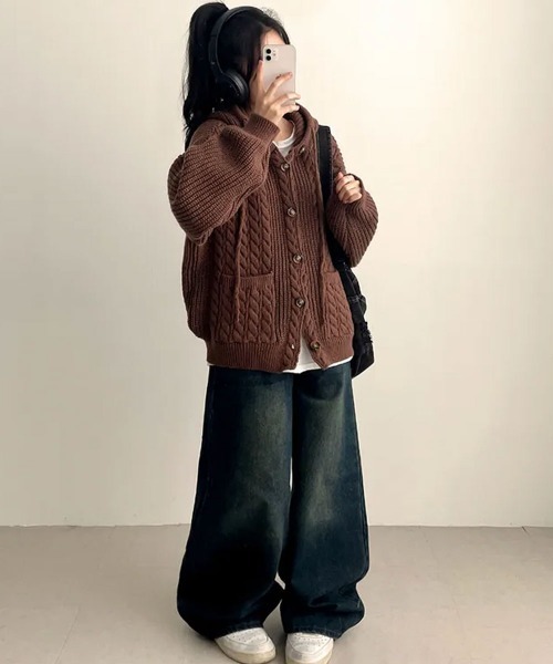 ニット セーター ケーブル編みフード付きニットカーディガン