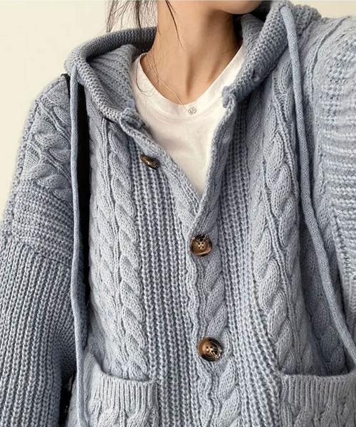 グレー リブ編み フード付きカーディガン ニット セーター ケーブル編みフード付きニットカーディガン