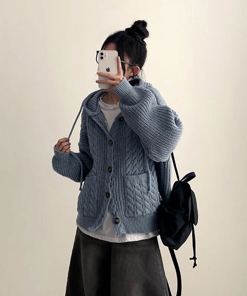 ニット セーター ケーブル編みフード付きニットカーディガン
