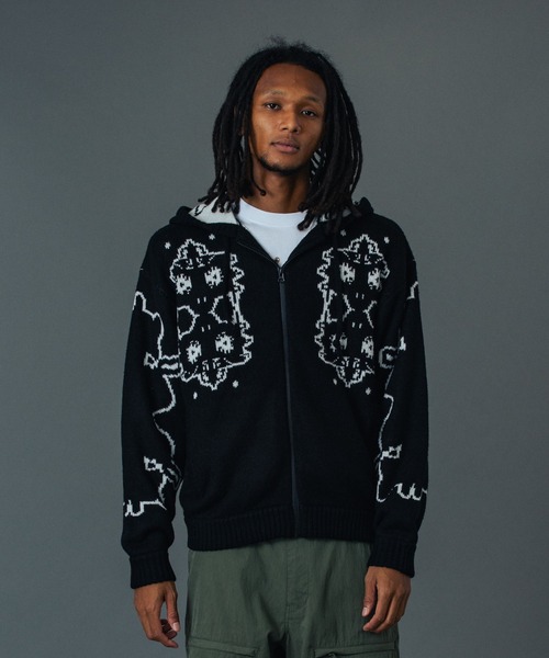 セーター ニット JACQUARD FUZZY ZIP UP HOODED SWEATER メンズ レディース