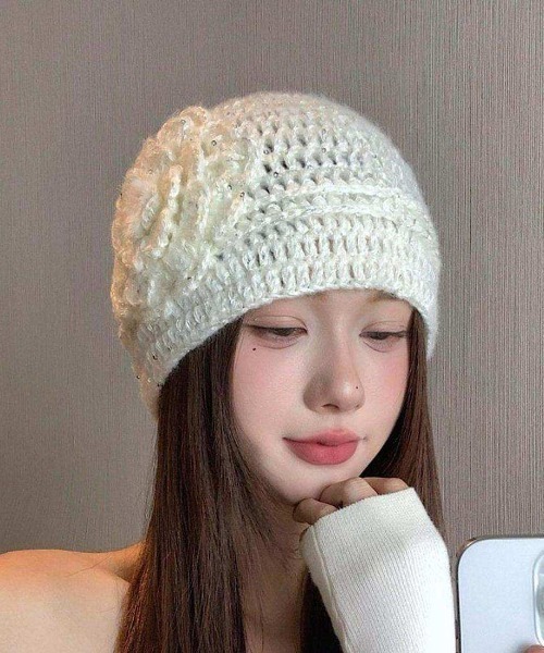 ニット帽 ニットキャップ 大人可愛いフラワーモチーフニットキャップ レディース