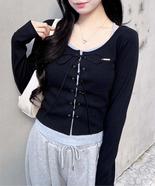 INGNI（イング） tシャツ キャミレイヤード風リブレースアップ長袖