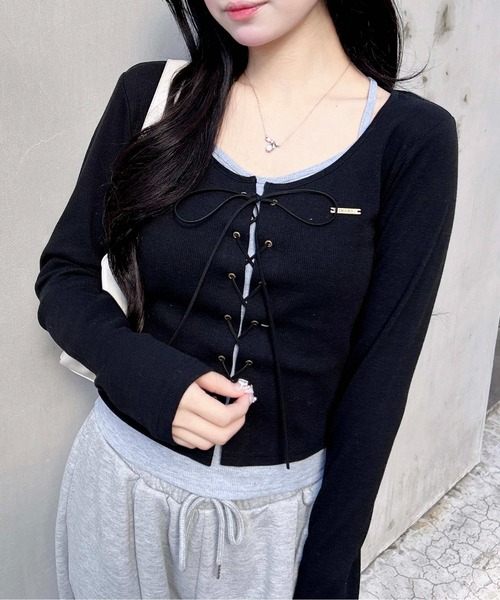 INGNI（イング） tシャツ キャミレイヤード風リブレースアップ長袖