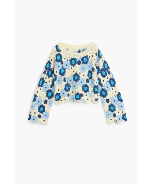 ニット セーター フローラルクロシェ編みクロップドロングスリーブニット レディースの画像