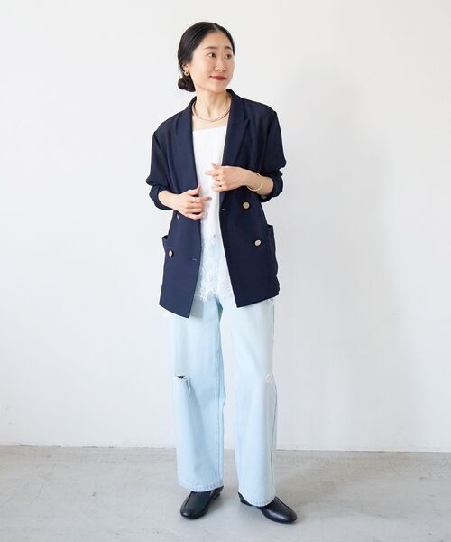 コート アウター 「手洗い可」メッシュダブルブレストジャケット レディースの画像