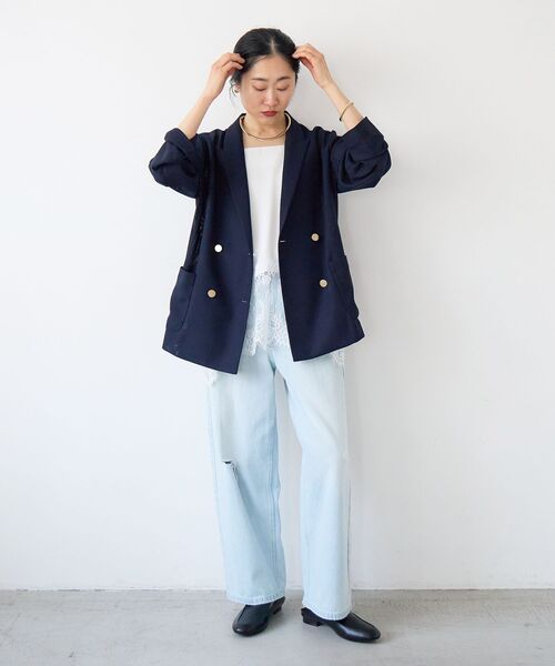 コート アウター 「手洗い可」メッシュダブルブレストジャケット レディースの画像