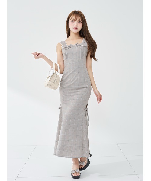 Darich ダーリッチ オープンリボンチェックロングワンピース ベージュ Darich（ダーリッチ） ワンピース オープンリボンチェックロング