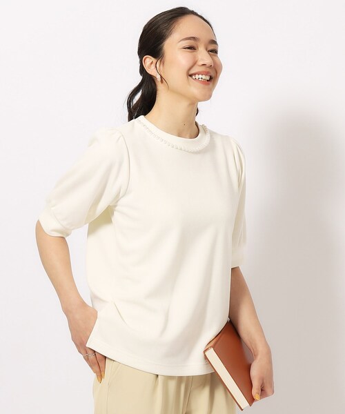 DRESKIP tシャツ 衿パール調釦お袖ふんわり五分袖トップス