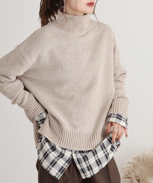 慈雨 マツオ 総柄 ウールニット ハイネック風 変形襟 パープル ブラック 40 慈雨 マツオ 総柄 ウールニット ハイネック風 変形襟 パープル