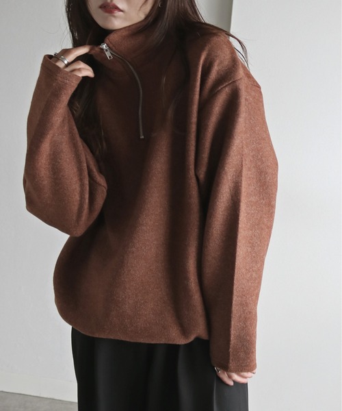 ニット セーター 指穴付きルーズシルエットメランジニットハーフジップ