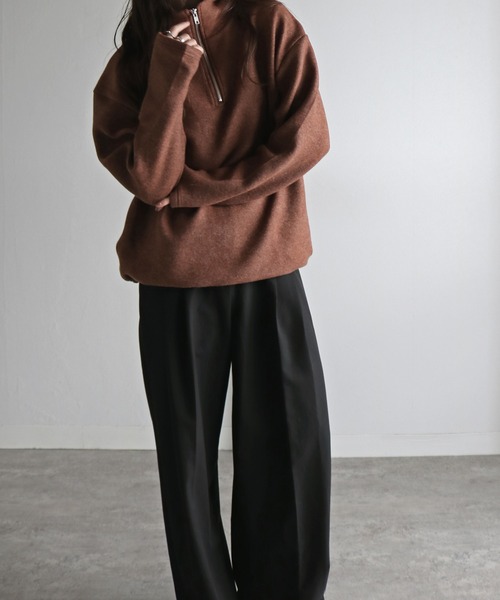 ニット セーター 指穴付きルーズシルエットメランジニットハーフジップ