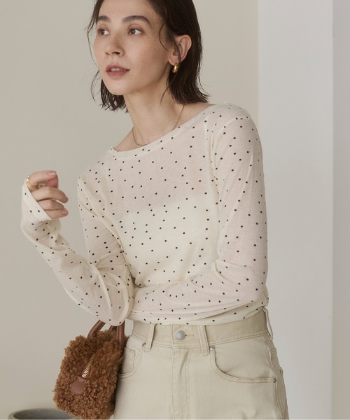 ANGIE tシャツ ボートネック 長袖 シアートップス / 無地 / ドット
