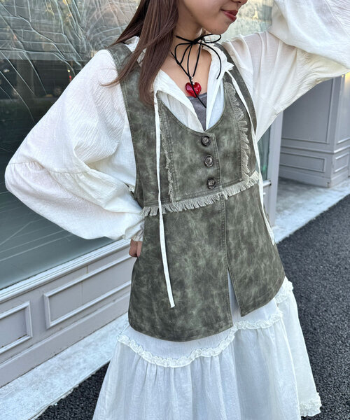 CIAOPANIC ベスト ジレ ビンテージライクフリンジレザーベスト 