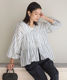 結論シリーズ　グリーンレーベルリラクシング　全方位映えギャザーブラウス　青 green label relaxing ブラウス シャツ 全方位映えギャザー