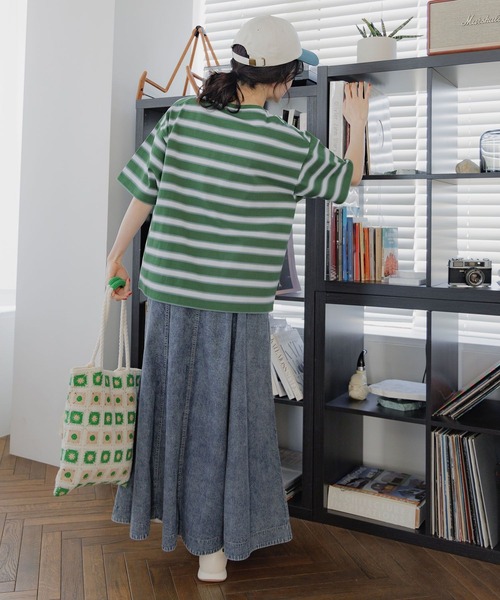 ニコアンド　スタッフプロデュース　あんちょんさん　しましまリボンT 白黒ボーダー ニコアンド スタッフプロデュース あんちょんさん しましま
