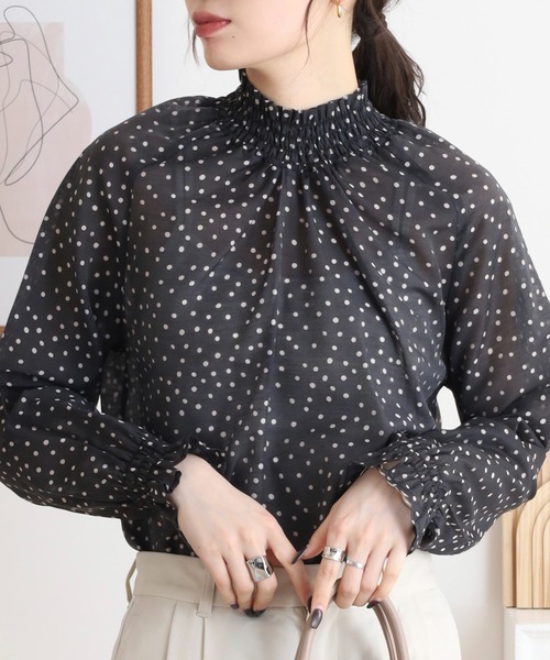 ブラウス シャツ Anna Nicola シアードットハイネック長袖ブラウス レディース