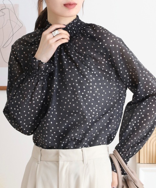 ブラウス シャツ Anna Nicola シアードットハイネック長袖ブラウス レディース Anna Nicola ブラウス シャツ シアードットハイネック長袖