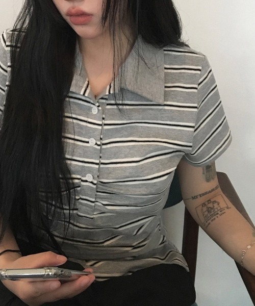 ポロシャツ ポロ ボーダー柄シャーリング襟付き半袖Tシャツ レディース anyonemore ポロシャツ ポロ ボーダー柄シャーリング襟付き半袖T