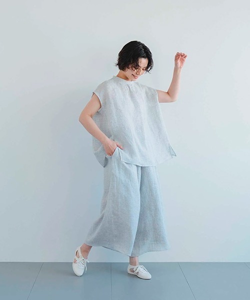 D ブラウス シャツ リネンチェック フレンチスリーブブラウス