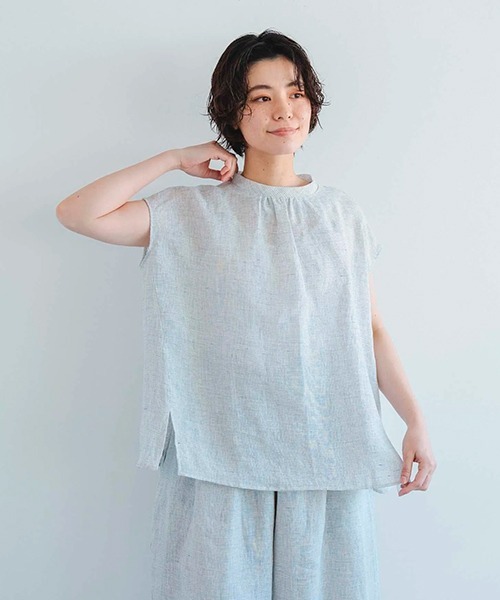 D ブラウス シャツ リネンチェック フレンチスリーブブラウス 