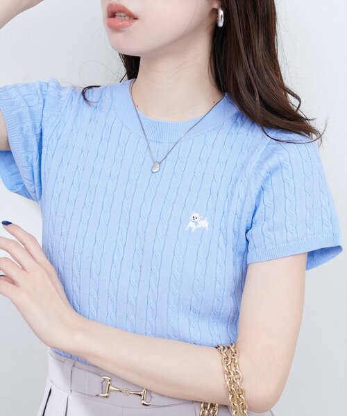 natural couture ニット セーター アニマル刺繍ケーブル半袖