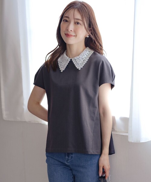 tシャツ レース襟フレンチテリー カットソー レディース 組曲 tシャツ レース襟フレンチテリー カットソー レディース