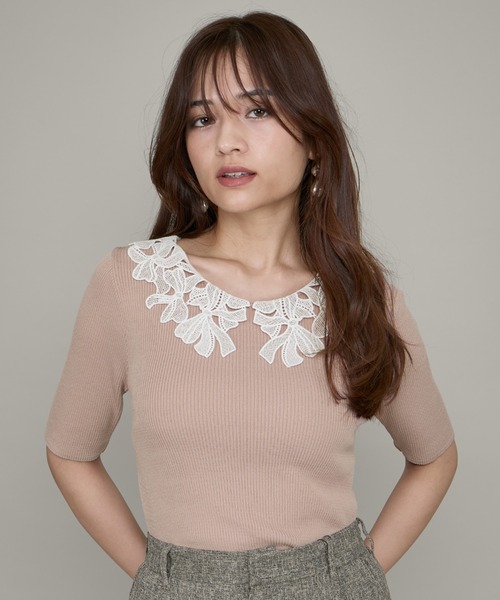 QUEENS COURT新品未使用総レーストップス QUEENS COURT｜ラッセルレースフレンチスリーブトップス≪手洗い