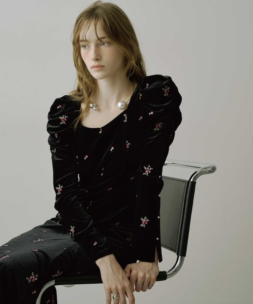 ドレス 「HEIREN」小花刺繍入りベロアドレス ベロア 刺繍