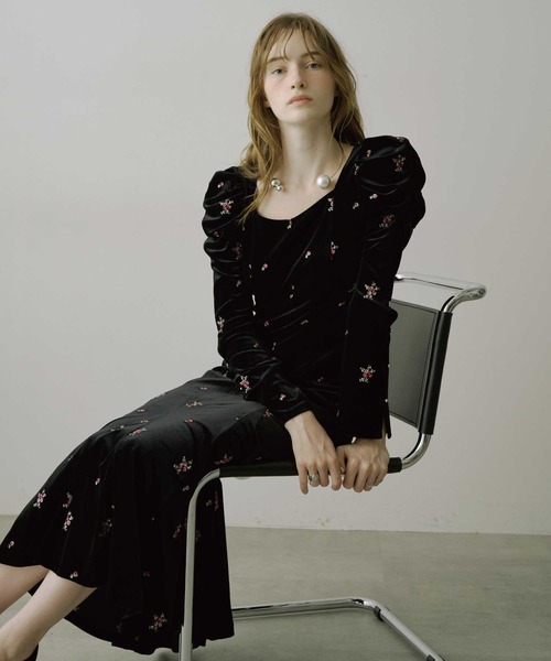 ドレス 「HEIREN」小花刺繍入りベロアドレス ベロア 刺繍