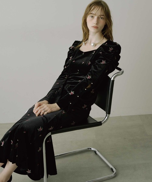 ドレス 「HEIREN」小花刺繍入りベロアドレス ベロア 刺繍