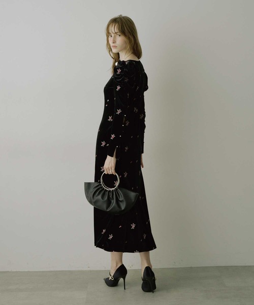 ドレス 「HEIREN」小花刺繍入りベロアドレス ベロア 刺繍