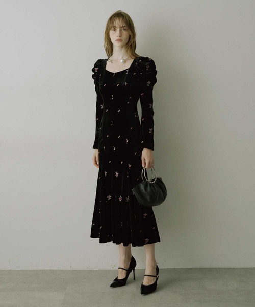 ドレス 「HEIREN」小花刺繍入りベロアドレス ベロア 刺繍