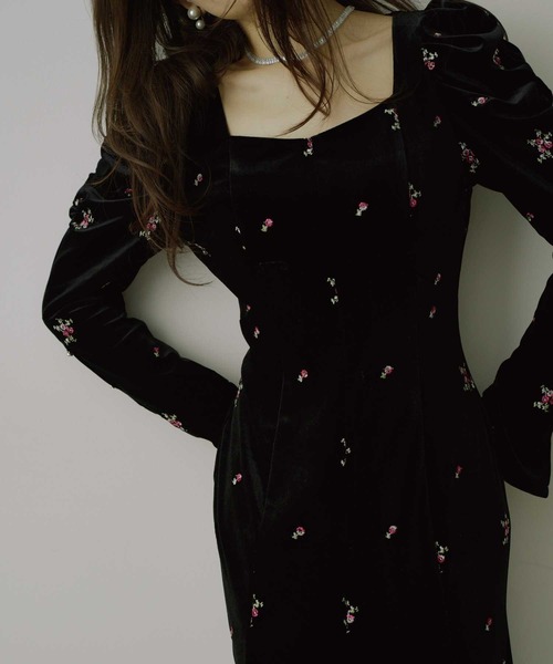 ドレス 「HEIREN」小花刺繍入りベロアドレス ベロア 刺繍