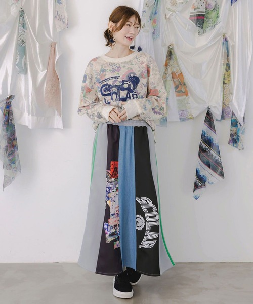 ScoLar（スカラー） スカート ロゴコラージュ柄 デニム×ジャージ切替