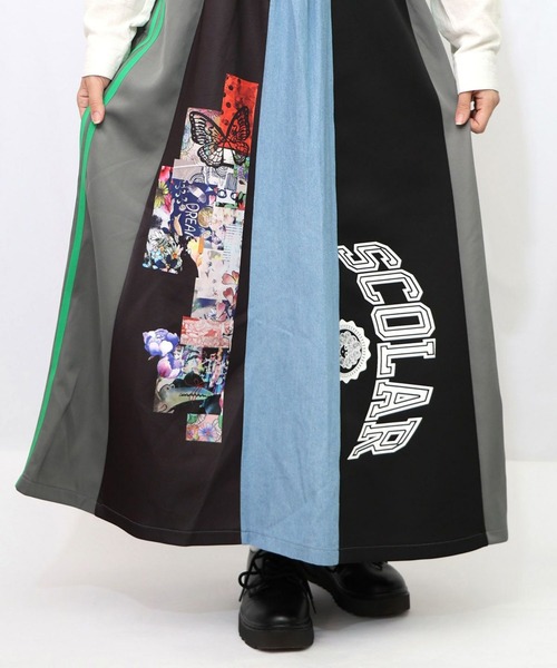 ScoLar（スカラー） スカート ロゴコラージュ柄 デニム×ジャージ切替