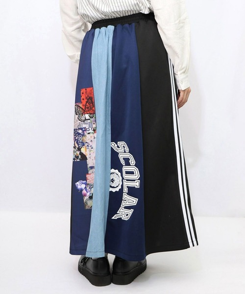 ScoLar（スカラー） スカート ロゴコラージュ柄 デニム×ジャージ切替