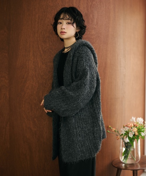カーディガン low gauge hooded shawl knit cardigan /ローゲージ