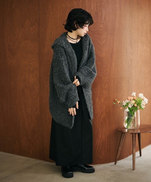 カーディガン low gauge hooded shawl knit cardigan /ローゲージ