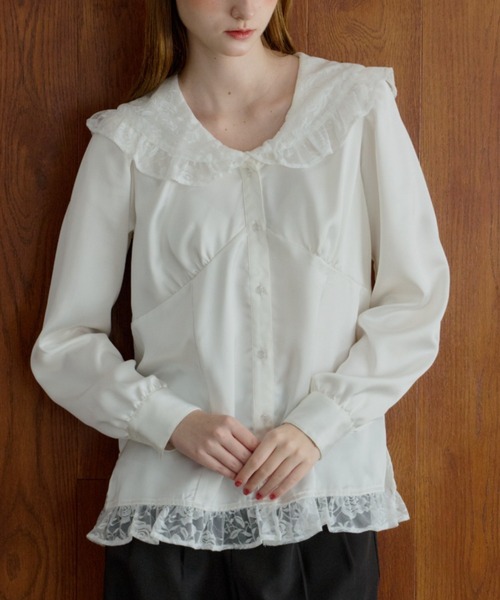 ブラウス シャツ lace collar vintage satin blouse / レースカラー
